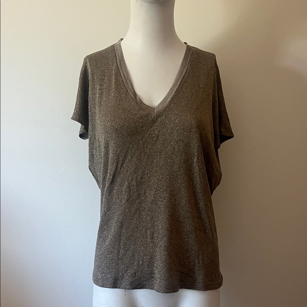 Mango Brown Gold Short Sleeve V-Neck Top